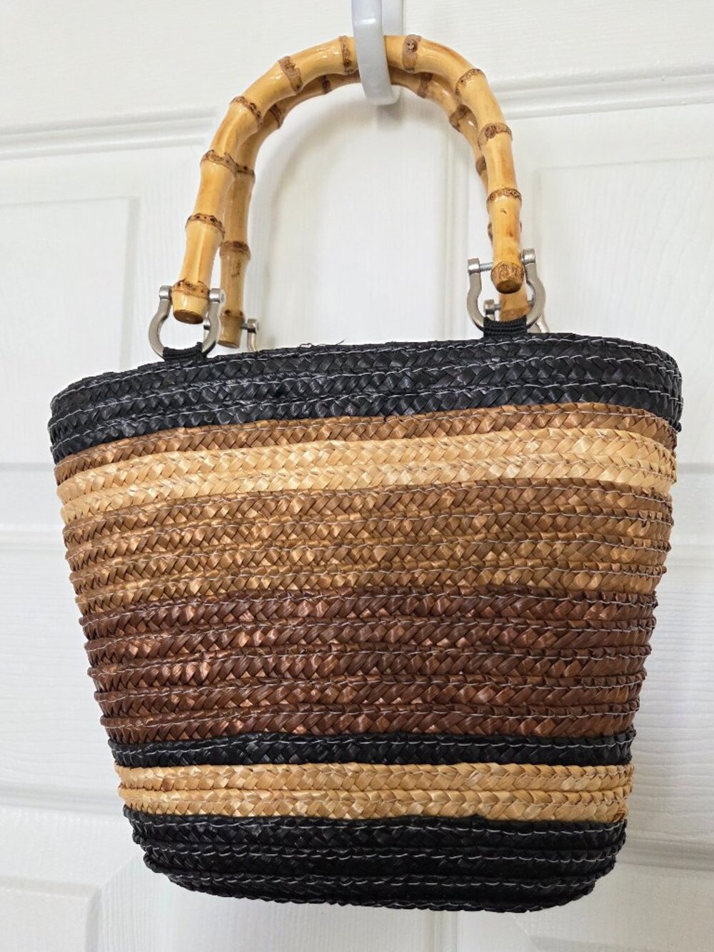 Woven Straw Mini Bag with Bamboo Handles - Black & Brown